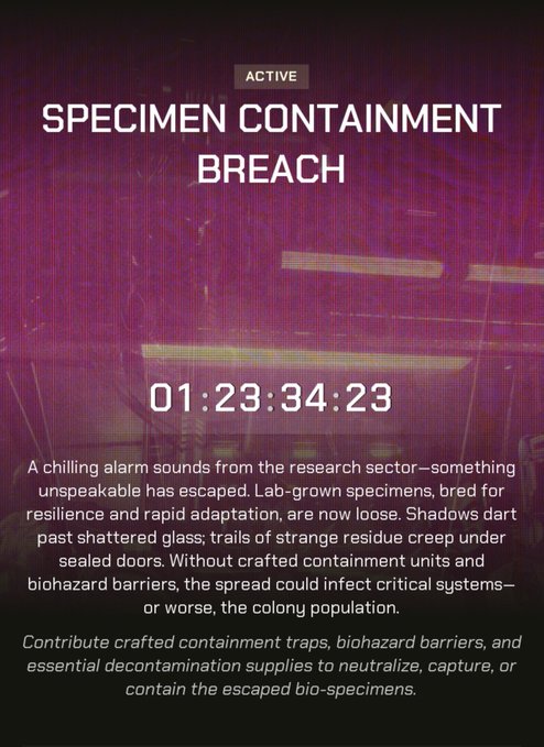 An 'ACTIVE' event notification titled 'SPECIMEN CONTAINMENT BREACH' with a countdown timer at 01:23:34:23, describing escaped lab-grown bio-specimens and requesting players to contribute containment traps and decontamination supplies.
