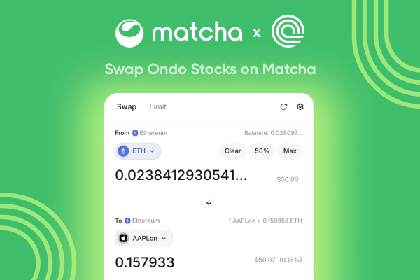 Matcha cryptocurrency exchange interface showing a swap from Ethereum (ETH) to AAPLon tokens, with text 'Swap Ondo Stocks on Matcha'.