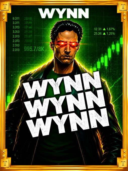 A promotional poster for the $WYNN token features a stern man with glowing red eyes in a black jacket, set against a green candlestick trading chart, with the word "WYNN" repeated three times in bold white text and "WYNN" displayed at the top, aligning with the post's announcement of the official Wynn token launch on Solana.