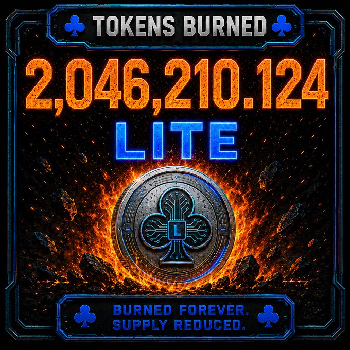 A graphic displaying 'TOKENS BURNED ♣ 2,046,210,124 LITE ♣ BURNED FOREVER. SUPPLY REDUCED.' featuring a fiery club symbol coin.