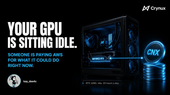 A Crynux advertisement reading 'YOUR GPU IS SITTING IDLE. SOMEONE IS PAYING AWS FOR WHAT IT COULD DO RIGHT NOW,' featuring a GeForce RTX PC build, a CNX coin graphic, and the username 'kay_dee4x' with an avatar.