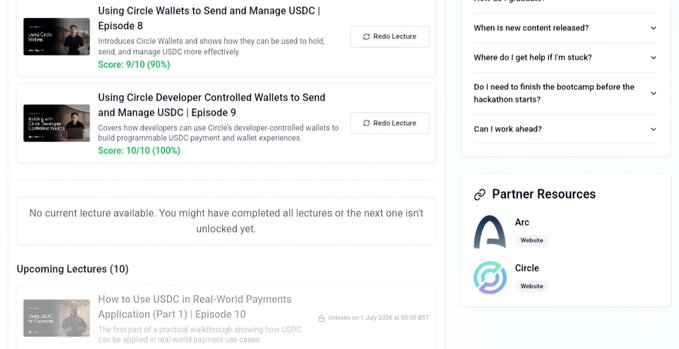 Screenshot of a lecture platform showing two completed courses—"Using Circle Wallets to Send and Manage USDC | Episode 8" and "Using Circle Developer Controlled Wallets to Send and Manage USDC | Episode 9"—both scored 10/10 (90% and 100% respectively), with the upcoming Episode 10 "How to Use USDC in Real-World Payments Application (Part 1)" unlocking July 1, 2026.