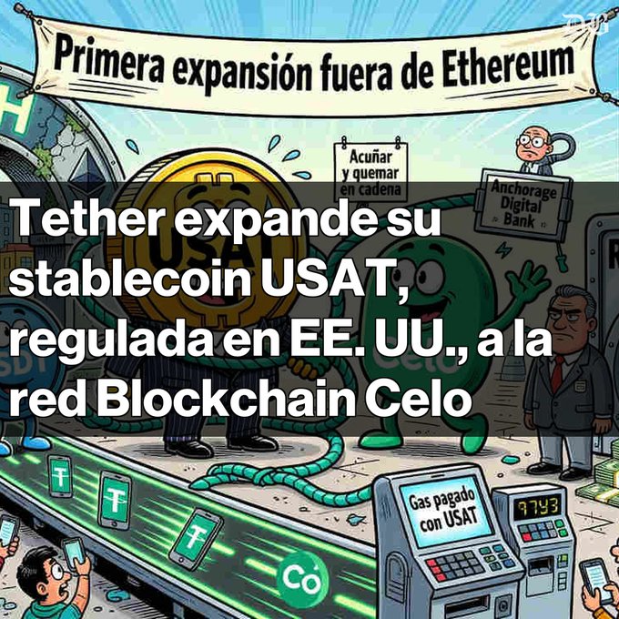 A cartoon illustration features a coin character wrapped in chains alongside a green character representing Celo, with a banner reading "Primera expansión fuera de Ethereum" and signs noting "Acuñar y quemar en cadena" and "Anchorage Digital Bank." The overlaid headline announces "Tether expande su stablecoin USAT, regulada en EE. UU., a la red Blockchain Celo," while a gas pump labeled "Gas pagado con USAT" reinforces the post's note that USAT can pay gas fees directly on the Celo network, depicted as Tether's first expansion beyond Ethereum.