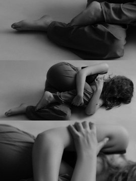 Three black-and-white photographs showing a person in various poses, including lying down and crouching.