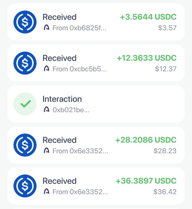 A mobile app interface showing USDC cryptocurrency transaction receipts in amounts of $3.57, $12.37, $28.23, and $36.42 from various wallet addresses.