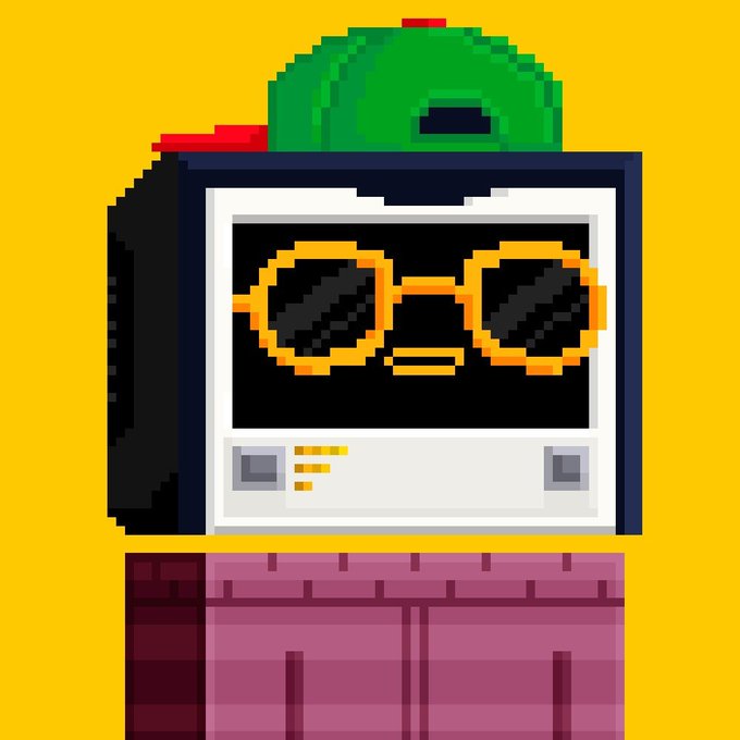 A pixel art illustration of a vintage computer monitor character with orange-rimmed glasses, a green cap, and a mouth, set against a yellow background.