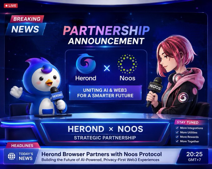 A 'BREAKING NEWS' livestream graphic announcing a strategic partnership between Herond Browser and Noos Protocol, featuring a penguin mascot and an anime-style red-haired reporter, with the tagline 'UNITING AI & WEB3 FOR A SMARTER FUTURE' and headline reading 'Herond Browser Partners with Noos Protocol - Building the Future of AI-Powered, Privacy-First Web3 Experiences.'