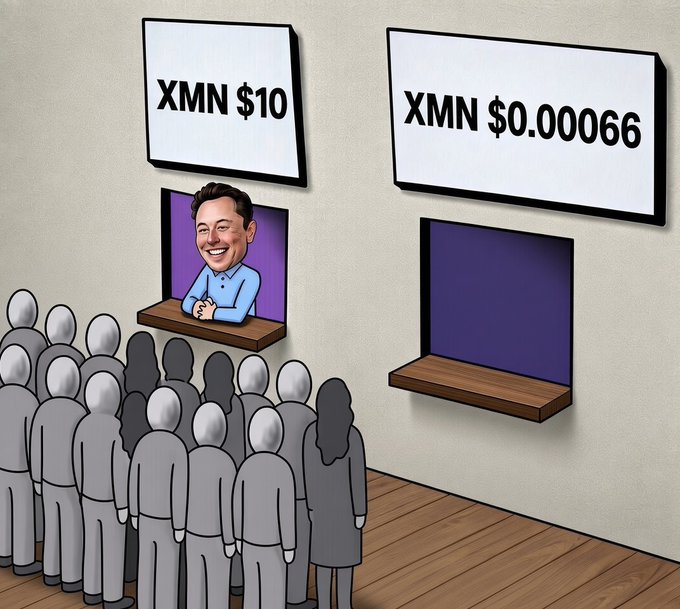A satirical illustration showing a crowd of gray figures standing in line at one window displaying 'XMN $10' with a smiling Elon Musk caricature, while a second empty window displays 'XMN $0.00066'.