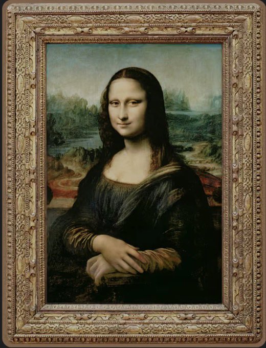 Leonardo da Vinci's famous Renaissance painting "Mona Lisa," depicting a woman with an enigmatic smile, wearing dark clothing, with her hands folded, set against a hazy landscape background and displayed in an ornate gilded frame.