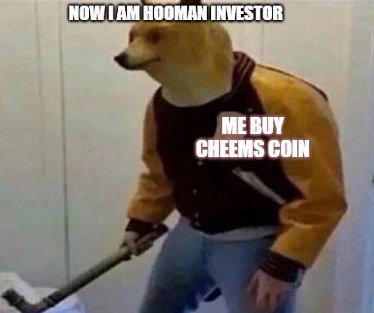 Meme featuring a Shiba Inu dog in a varsity jacket holding a hockey stick, with text reading 'NOW I AM HOOMAN INVESTOR' and 'ME BUY CHEEMS COIN', referencing the Cheems cryptocurrency meme.