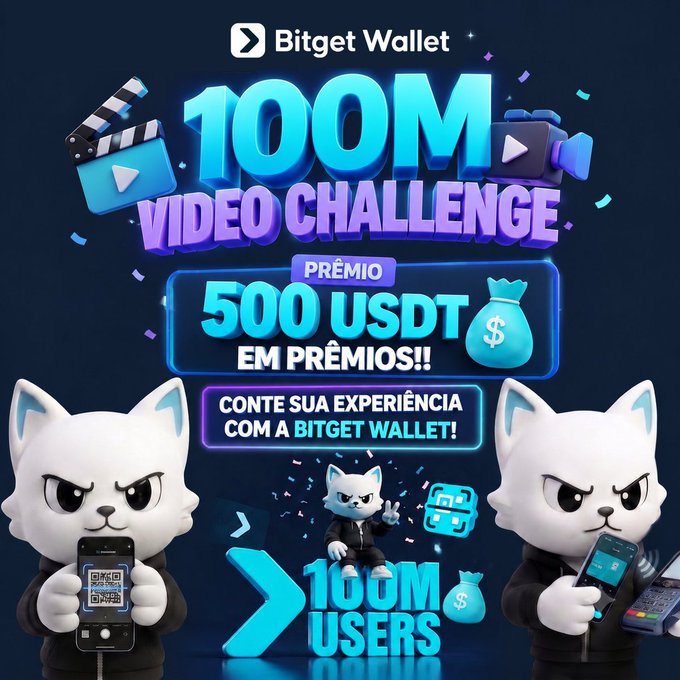 A promotional graphic for the Bitget Wallet "100M Video Challenge" featuring cartoon cat mascots holding a phone and a credit card, advertising 500 USDT in prizes for sharing user experiences, with a "100M Users" milestone celebration highlighted at the bottom—aligning with the post's call for last-minute creative video entries before the challenge closes.