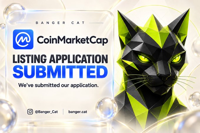 The image is a promotional graphic announcing Banger Cat's listing application submission to CoinMarketCap. It features a geometric, low-poly style illustration of a black cat with vibrant green accents and glowing green eyes on the right side. The left side displays the Banger Cat branding at the top, followed by the CoinMarketCap logo and name, with bold text reading "LISTING APPLICATION SUBMITTED" in black and blue lettering. Below this, smaller text states "We've submitted our application." At the bottom, social media handles are shown: Instagram "@Banger_Cat" and the website "banger.cat". The background has a soft, elegant design with translucent bubble-like spheres, giving it a polished, celebratory feel that aligns with the accompanying post about taking another step forward after their CoinGecko listing, highlighting community support and progress in their journey.