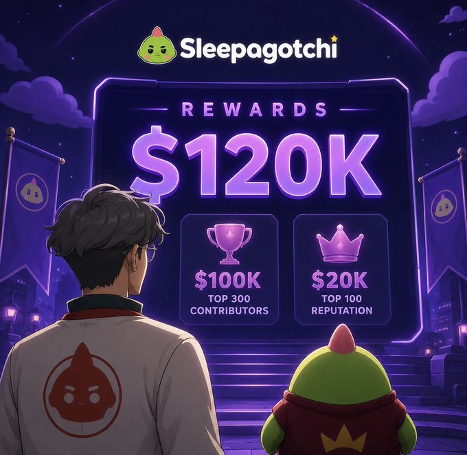 The image features a man wearing glasses standing next to a green monster with a crown on its head. The caption reads "As you know most campaigns reward who talks the most but @sleepagotchi feels a bit different. You can’t just spam posts all day and expect results". This post seems to be promoting an online game or campaign, possibly related to gaming or social media marketing.