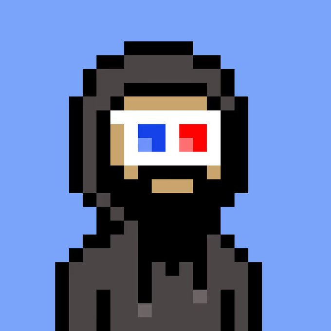 A pixel art illustration of a bearded figure wearing 3D glasses with one red and one blue lens, set against a solid blue background.