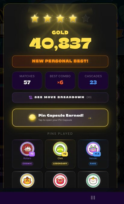 Mobile game results screen showing a 4-star Gold rank with a score of 40,837, labeled "NEW PERSONAL BEST!" with stats for 57 matches, x6 best combo, 23 cascades, a Pin Capsule earned, and pins played including Kotaro, Clek, and Venusu.
