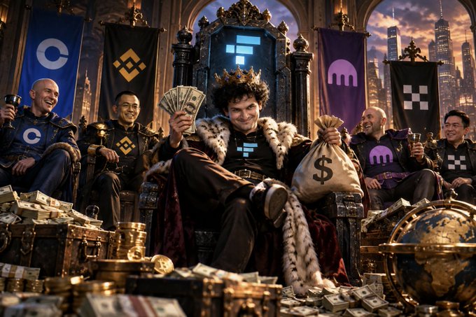 A crowned figure on a throne holds cash and a "$" money bag, flanked by men representing Coinbase (COIN), Binance (BNB), Kraken, and FTX, with a cityscape and global globe behind them. The image visualizes the hypothetical crypto exchange dominance battle referenced in the post, with FTX's $32B valuation positioning it as a potential rival to Coinbase and emerging competitors like Hyperliquid.