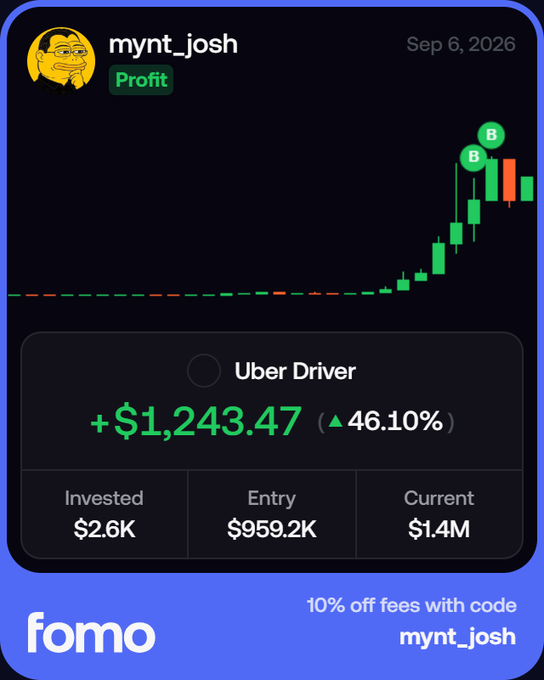 A promotional graphic for "fomo" showcases user "mynt_josh" with a profit badge, dated Sep 6, 2026, displaying a dramatic green candlestick chart peaking with two "B" markers. Below the chart, a highlighted "Uber Driver" position shows a +$1,243.47 gain (▲46.10%) on a $2.6K investment with a current value of $1.4M, accompanied by a referral code "mynt_josh" offering 10% off fees—tying into the post's enthusiasm for a combined $UBER and $XRP token launch.
