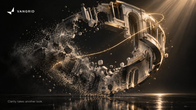 A Vangrid advertisement shows a 3D rendering of the Colosseum fragmenting and dissolving with the tagline 'Clarity takes another look.'