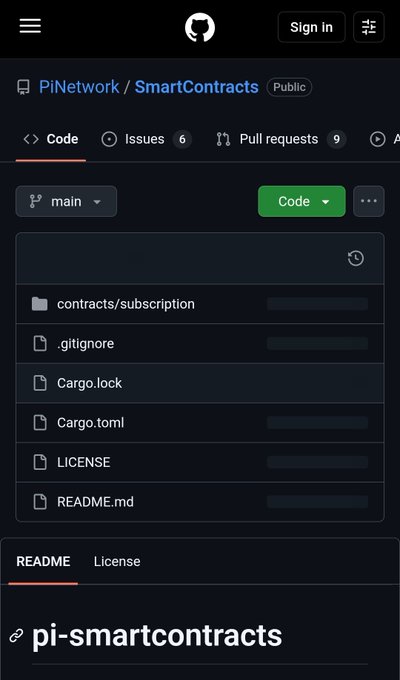 The image shows a GitHub repository page for "PiNetwork/SmartContracts" (public), displaying files like contracts/subscription, Cargo.lock, Cargo.toml, and a README titled "pi-smartcontracts," confirming Pi Network's official smart contract repository with 6 issues and 9 pull requests.