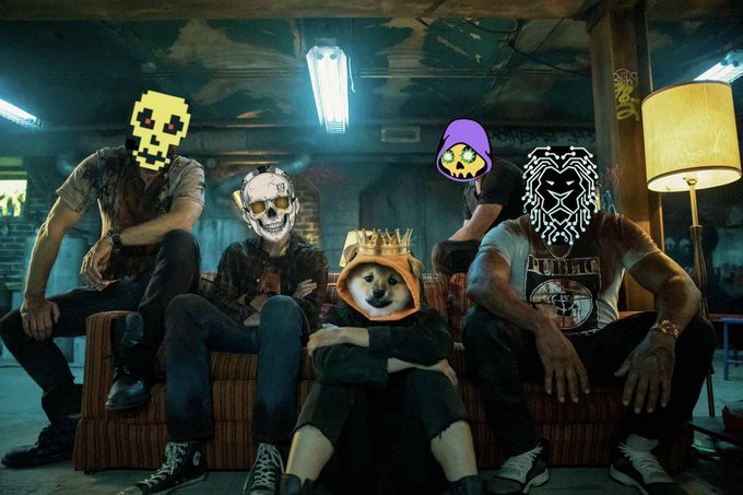 The image features a group of five individuals, each wearing a mask with a skull or skeleton design, sitting together on a couch. The masks have different colors - yellow, black, white, and purple. They appear to be posing for a photo, possibly as part of an art project or social media post related to the resistance movement against Bitcoin. The image also includes text that reads "We are $DOG army and surrender was never an option. We will onboard millions of people to the Bitcoin network if you're reading this then you are part of the resistance." This message emphasizes their commitment to fighting against Bitcoin's dominance in the cryptocurrency market, as well as their determination to maintain control over the digital currency system.