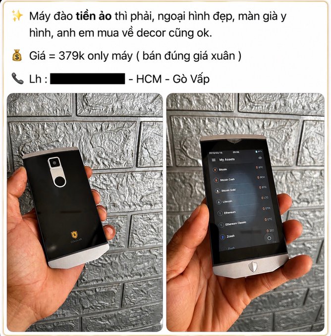 A Vietnamese social media post advertises a 'máy đào tiền ảo' (crypto mining device) for 379k, showing photos of the smartphone-like device displaying assets like Bitcoin, Bitcoin Cash, and Zcash, located in HCM - Gò Vấp.