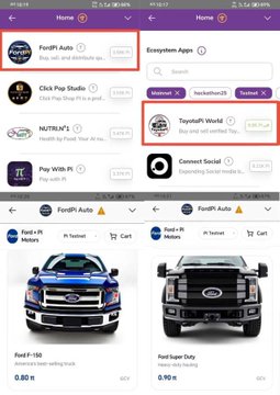 Four side-by-side screenshots display the Pi Browser app menu and FordPi Auto marketplace showing vehicle listings for a "Ford F-150" priced at 0.80 π and a "Ford Super Duty" priced at 0.99 π, alongside various ecosystem dApps like FordPi Auto, Click Pop Studio, and PiMall. The image appears unrelated to the post's announcement about Pi Network's v25.2 node roadmap completion, though both reference the Pi ecosystem.