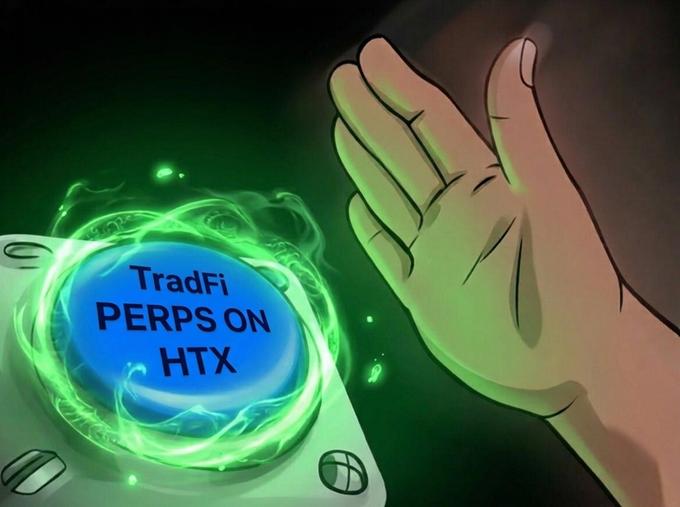 This cartoon depicts a hand waving towards an LED button that reads "TradFi perps on HTX". The hand represents a person, and their action of waving indicates engagement with the button's message or context. The image also includes text, which says "Old heads still waiting for market close like it’s 1999... meanwhile traders are 24/7 farming metals + stocks in one app." This information provides additional context to the scene by explaining that this advertisement promotes a trading platform named TradFi perps on HTX.