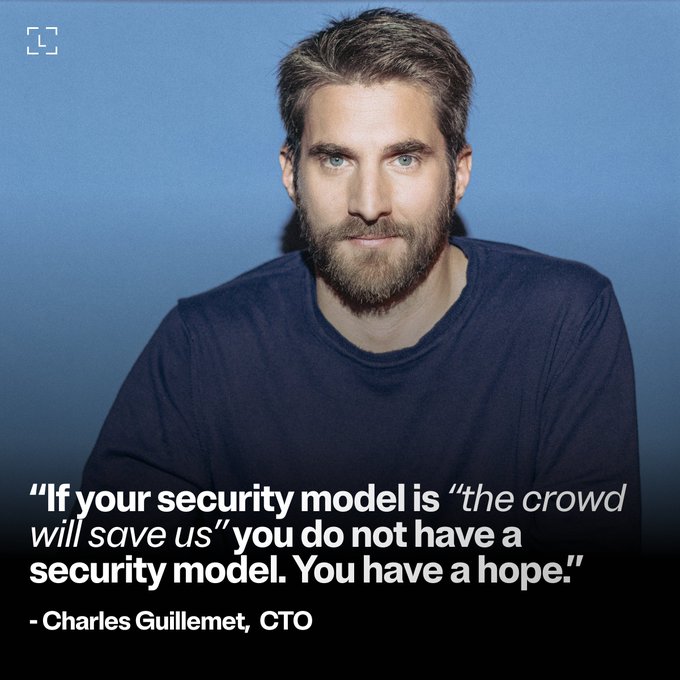 A portrait of Charles Guillemet, CTO of Ledger, set against a blue background, featuring his quote: "If your security model is 'the crowd will save us' you do not have a security model. You have a hope." The image ties into the post's theme by underscoring his warning that relying on crowdsourced detection, rather than robust cryptographic randomness, leaves crypto self-custody vulnerable to seed-generation flaws like those seen in the Coldcard and Trust Wallet incidents.