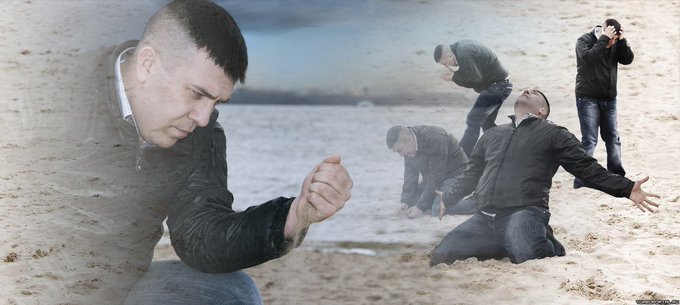 A collage showing multiple views of a man with a buzz cut wearing a dark jacket on a sandy beach, appearing emotional and kneeling with his fist raised.