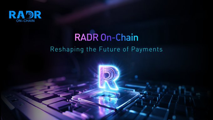 The promotional graphic for RADR On-Chain features the tagline "Reshaping the Future of Payments" alongside a glowing blue "R" logo emerging from a keyboard, tying into the announcement of the successful conclusion of the RADR On-Chain Radar IEO and token distribution.
