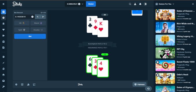 A screenshot of the Stake casino website showing a live blackjack game in progress with cards dealt (3 of Spades, 9 of Diamonds, King of Hearts for the dealer; 6 of Spades, 3 of Hearts, 4 of Diamonds for the player), displaying a bet amount of $14.95 and an account balance of 0.56923521 BTC.

The image relates to the post as the user is looking to give away Solana (SOL) wallet addresses to two people who will each receive $5, likely funded from online gambling winnings or deposits like the BTC balance visible on the Stake casino screen.