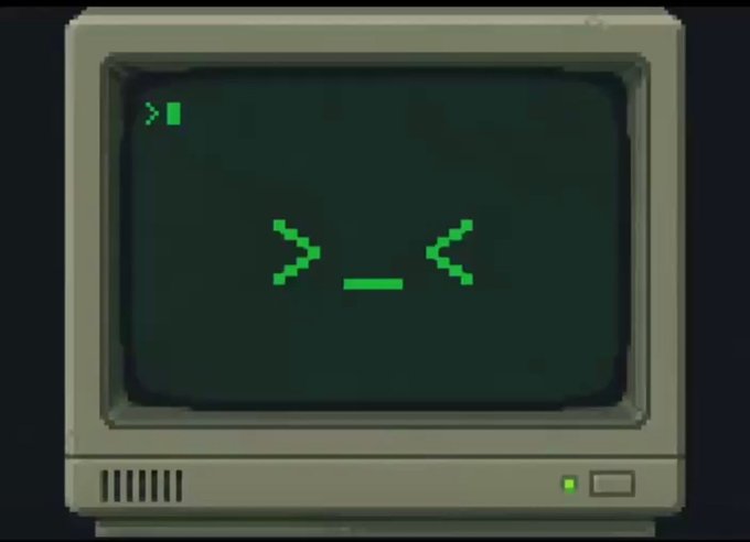 A pixel art illustration of a vintage computer monitor displaying a green command line prompt '>_'.