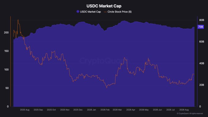 A CryptoQuant chart displaying USDC Market Cap, which has grown to $73B, alongside Circle's stock price trending lower over the period from August 2025 to August 2026.