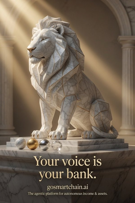 A majestic geometric marble lion statue sits atop a pedestal adorned with gold and silver orbs, framed by classical columns and sunbeams, with the text "Your voice is your bank," "gosmartchain.ai," and "The agentic platform for autonomous income & assets" displayed below. The regal lion symbolizes strength and guardianship, reinforcing the post's message that voice-driven AI agents will serve as powerful, autonomous stewards of one's capital.