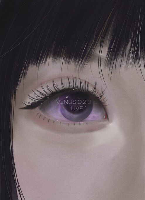 A close-up anime-style illustration of a character's purple eye with the text "VENUS 0.2.3 IS LIVE" reflected in the pupil.