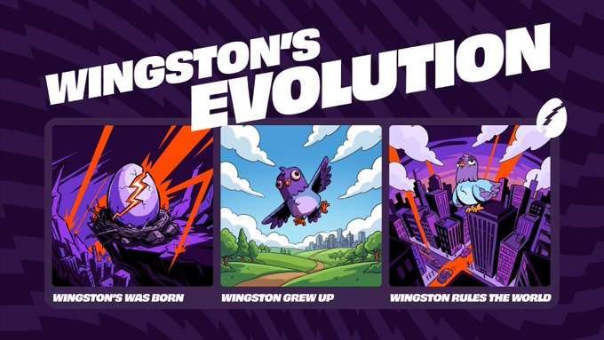 The image showcases "Wingston's Evolution" campaign featuring three panels: "Wingston's Was Born" showing a purple egg hatching in a stormy nest, "Wingston Grew Up" depicting a small purple bird flying over a countryside, and "Wingston Rules the World" displaying the evolved bird soaring over a dark cityscape, visually narrating the progression of the Wingston Agent featured in the new promotional campaign.