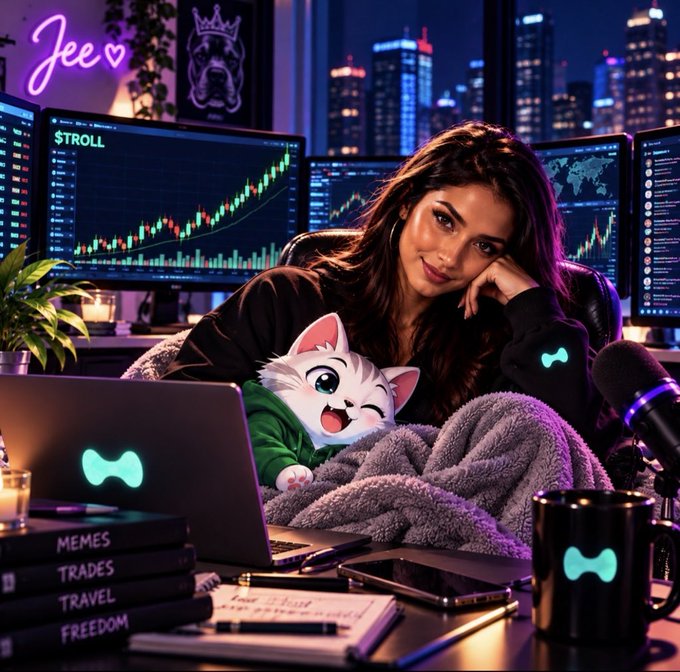 A woman sits cozy at her streaming/trading setup with a winking anime-cat plushie, surrounded by monitors showing candlestick charts and a "STROLL" ticker, alongside books labeled "MEMES," "TRADES," "TRAVEL," and "FREEDOM." The setup playfully matches the post's "panic selling" theme, leaning into the chaotic market vibes with a relaxed, meme-fueled streamer aesthetic.