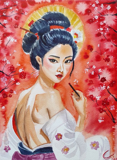 The image features a watercolor painting depicting a beautiful woman with long hair, wearing a white kimono or dress. She has her back turned towards the viewer, giving the impression that she is looking away from us. The background of the painting is filled with red flowers and branches, creating an atmosphere of elegance and grace. The artist's signature can be seen in the bottom right corner of the image.