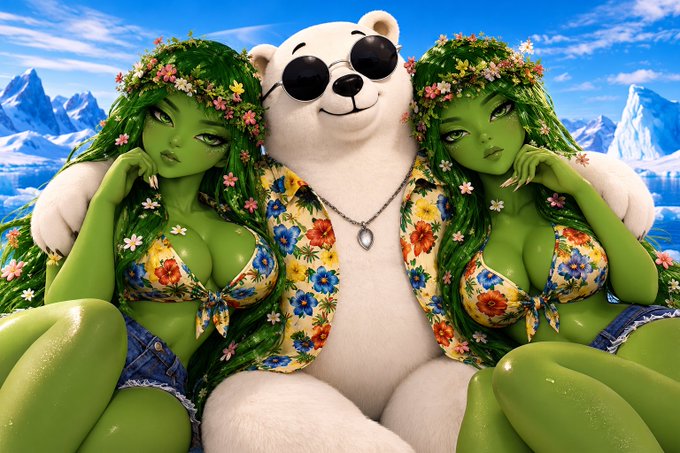 A digital illustration featuring two green-skinned women with floral crowns wearing floral bikinis flanking a large white teddy bear with sunglasses, set against an icy mountain backdrop.