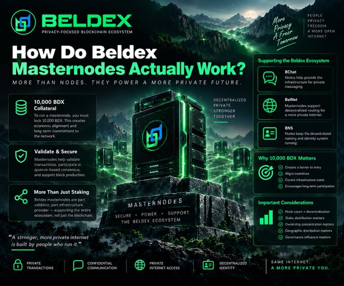 An infographic titled 'BELDEX - How Do Beldex Masternodes Actually Work?' explaining their privacy-focused blockchain ecosystem with various sections like '10,000 BDX Collateral' and 'Supporting the Beldex Ecosystem'.