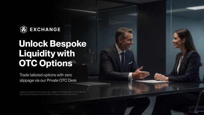 The image features a couple sitting at a black conference table with a laptop placed between them. They appear to be discussing a business matter or sharing information related to cryptocurrency options. The text above them states, "Unlock Bespoke Liquidity with OTC Options".