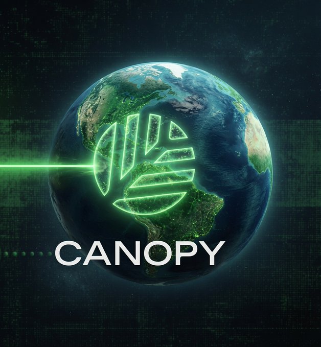 A digital graphic shows Earth from space with a glowing green logo and the text 'CANOPY' displayed below it.