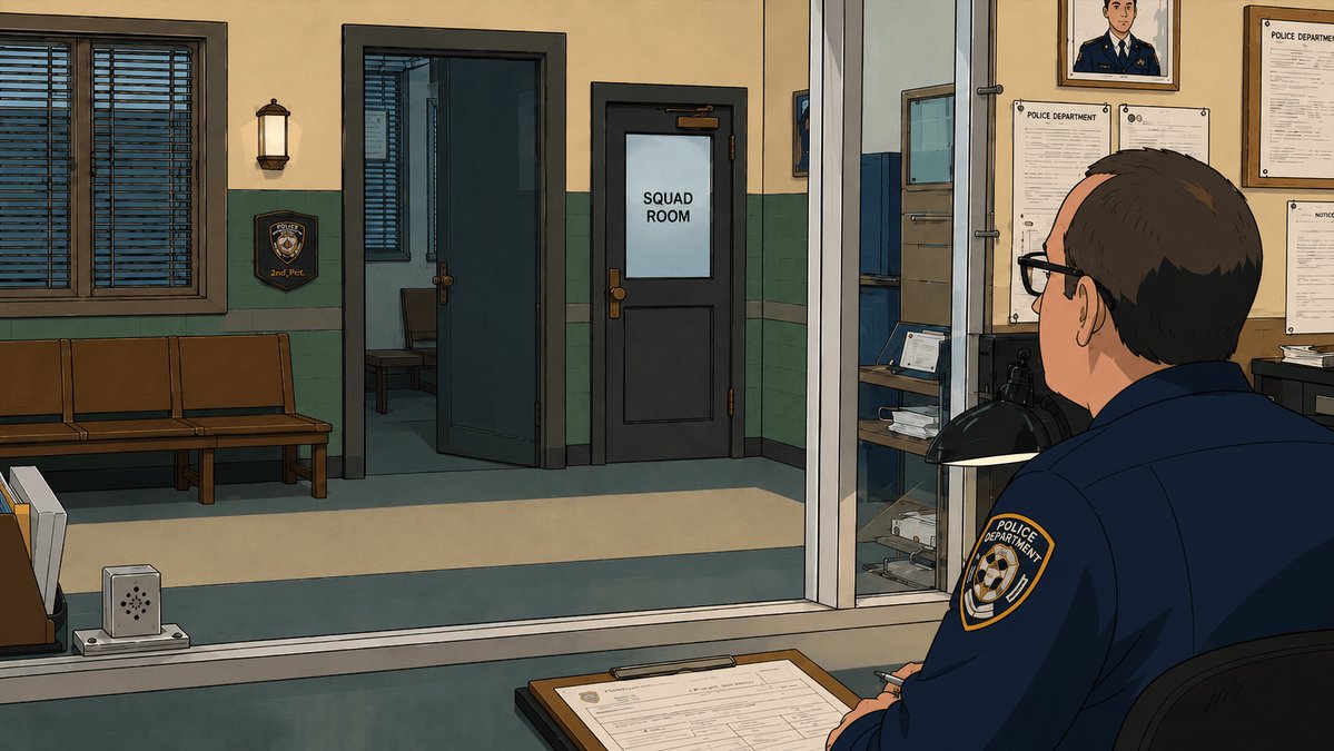 The image depicts a man sitting at a desk with his back towards the viewer, looking out of an office window that extends into another room. He appears to be a policeman or a similar law enforcement officer. The man's gaze seems to be directed outside rather than focusing on the chart displayed in front of him. The chart is titled "WAL" and shows a graph with a downward-sloping line, suggesting some kind of financial analysis or trend. However, it appears that the man's attention is not entirely captured by the data presented, possibly due to unrelated matters or simply because he is looking out the window.