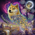 A surreal illustration of Doge (the Shiba Inu meme) depicted as an astronaut in a spacesuit holding a treasure chest, floating in a cosmic scene with planets and nebulae.