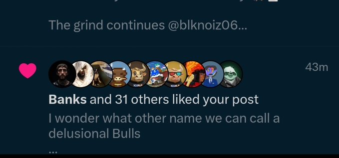 A social media post notification showing 'Banks and 31 others liked your post' with the caption 'I wonder what other name we can call a delusional Bulls...' on a post by @blknoiz06.