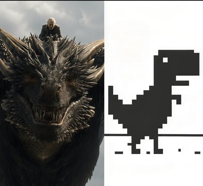 The image contrasts an epic, cinematic depiction of Daenerys Targaryen riding her majestic dragon (likely from *Game of Thrones*' "House of the Dragon" or similar series) on the left with a crude, pixelated black dinosaur sprite on the right. 

In relation to the post "ETH NOW vs ETH PREVIOUS MONTH," the visual metaphor suggests Ethereum has "leveled up" dramatically — transforming from a simple, primitive, pixel-art version into a powerful, detailed, awe-inspiring force, symbolizing significant growth or bullish momentum.