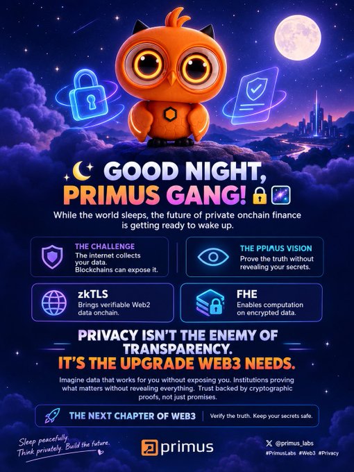 Cryptocurrency promotional graphic for 'Primus' featuring an orange owl mascot on a cloud under a full moon, with text 'GOOD NIGHT, PRIMUS GANG!' and sections explaining 'THE CHALLENGE', 'THE PPIMAUS VISION', 'zkTLS', and 'FHE', branded with @primus_labs and hashtags #PrimusLabs #Web3 #Privacy.