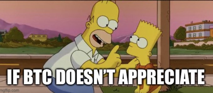 A Simpsons meme showing Homer pointing at Bart with the caption 'IF BTC DOESN'T APPRECIATE', referencing Bitcoin cryptocurrency.