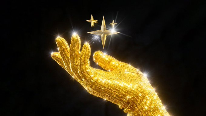 A sparkling gold-glittered hand reaches upward toward three glowing star shapes against a dark background.
