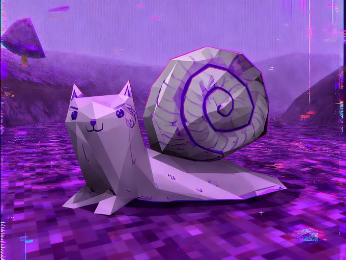 A digital artwork of a low-poly, origami-style snail with a spiral shell, rendered in purple and white tones against a glitchy, pixelated purple landscape.